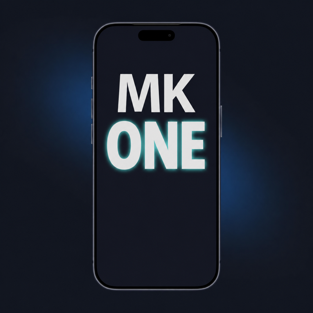 A smartphone centered on a dark blue background, displaying the words &