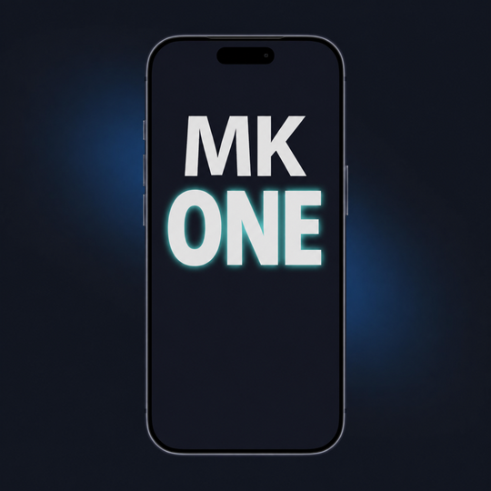 A smartphone centered on a dark blue background, displaying the words &